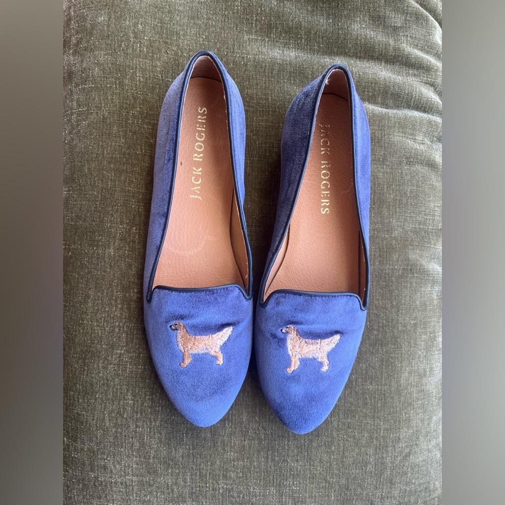 Jack Rogers Blue Velvet Dog Embroidered Flat loafers Golden Retriever 8.5